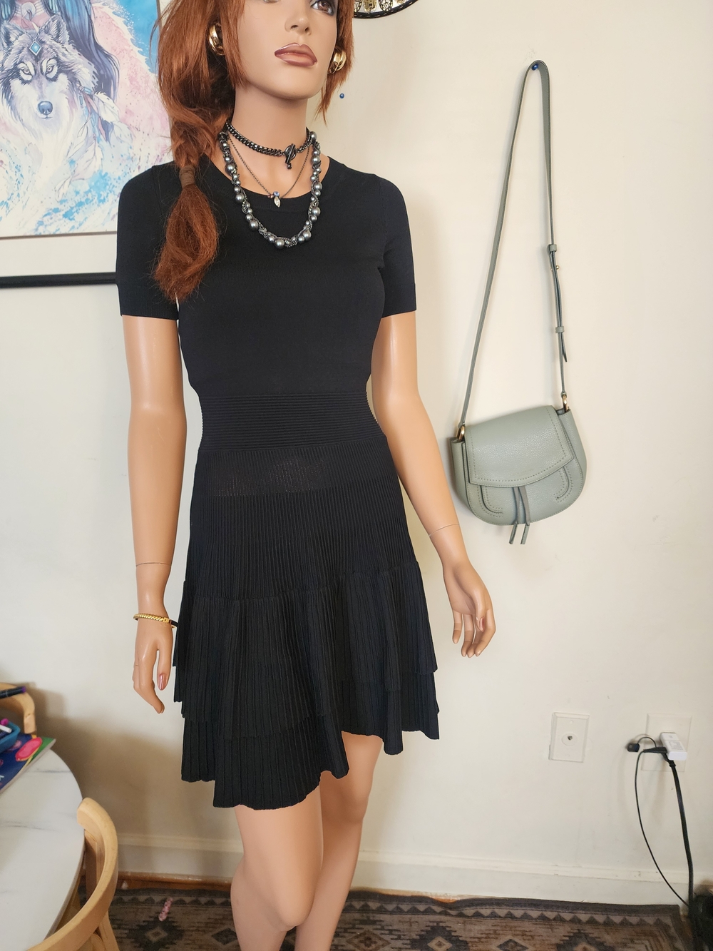 Maje Women's Black  Sleeve Tiered Knit Dress